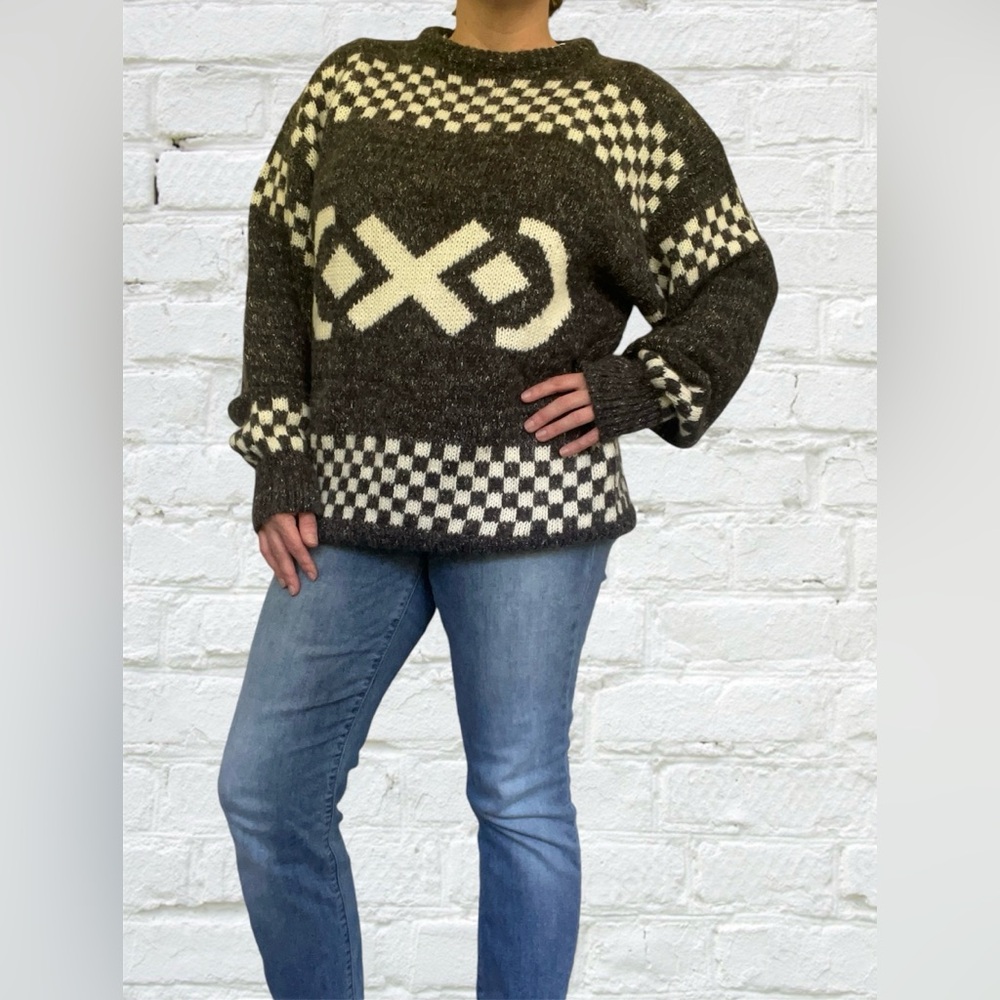 Vintage Cellini Geometric 80s 90s Men’s Sweater size Large Grey white checker